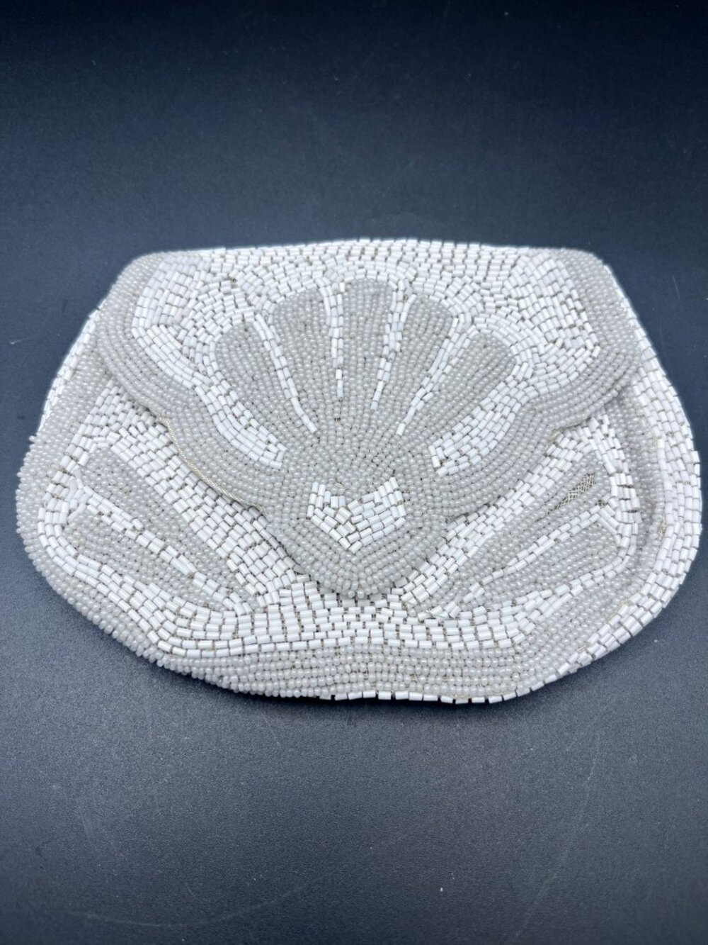 Vintage Made in France White Hand Beaded Evening Clutch Coin Purse Floral Design